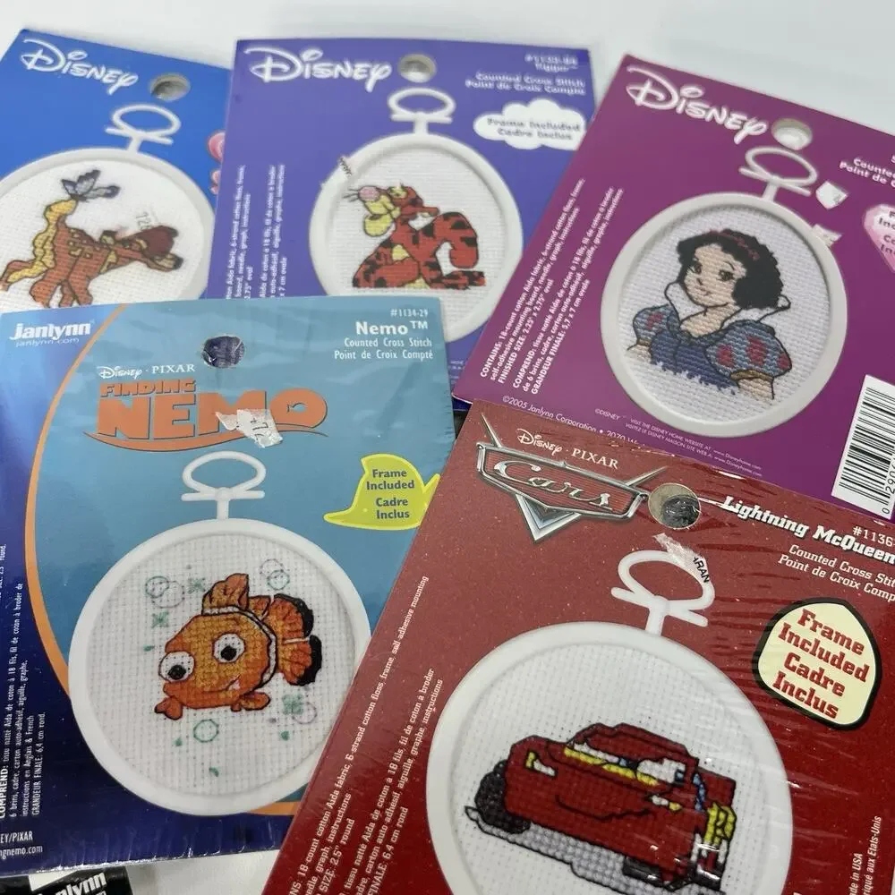 Lot 7 Janlyn Disney Mini Cross Stitch Ornament Kits Frames Nemo McQueen Cruella